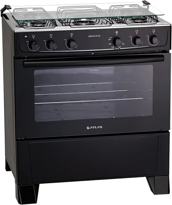 Fogão Atlas Mônaco Plus 5 Bocas Preto com Acendimento Automático e Mesa Inox