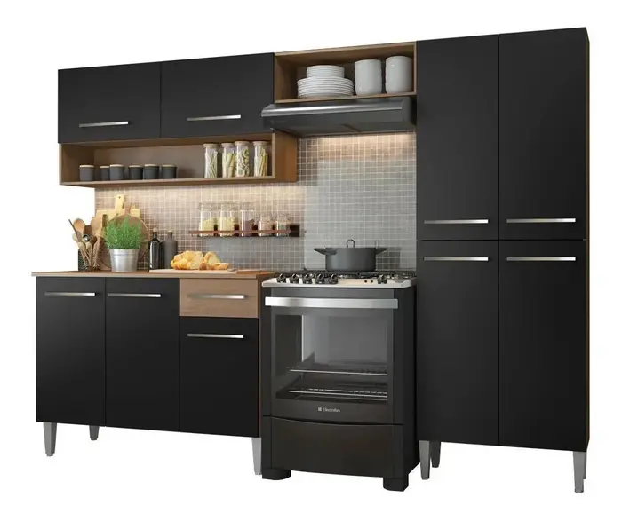 Armário de Cozinha Emilly Pop Compacto Rustic/Preto - Completo com Balcão e Paneleiro