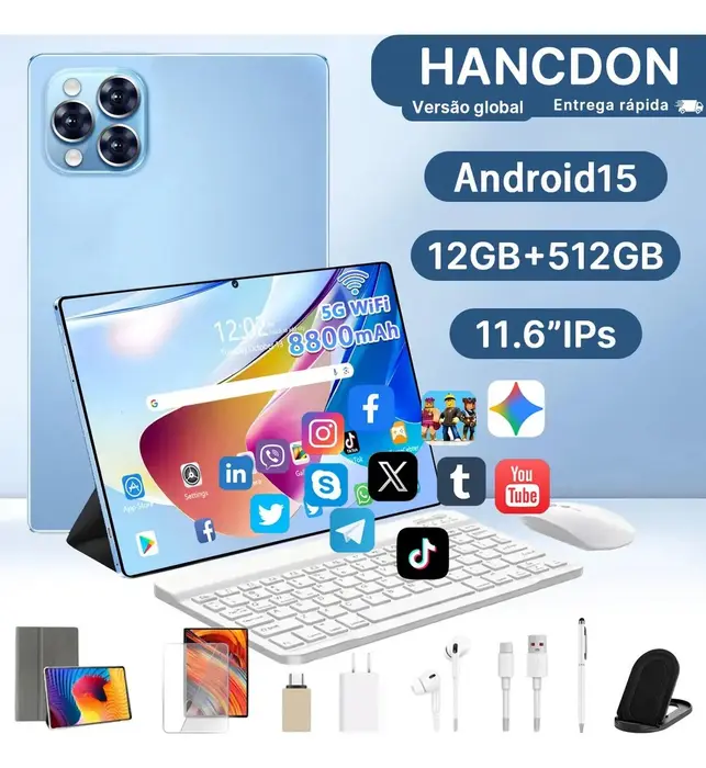 Hancdon Tablet 15 - 12GB RAM, 512GB, 11.6eapos;eapos; HD, Dual SIM, Bateria 8800mAh, Kit Completo