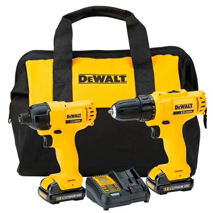 Combo 12V Parafusadeira e Furadeira 3/8Pol DCD700 + Parafusadeira de Impacto 1/4Pol DCF805 Com 2 Baterias 1,3Ah Carregador Bivolt e Bolsa DEWALT-DCK19