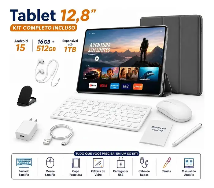 Tablet Hancdon Android 15 Tab Kit Completo Ram 16gb 512gb 12,8eamp;#039;eamp;#039; Hd Tela Apoia Wifi 2,4/4/5g Bateria 8800mah Com Caneta+teclado E Mo